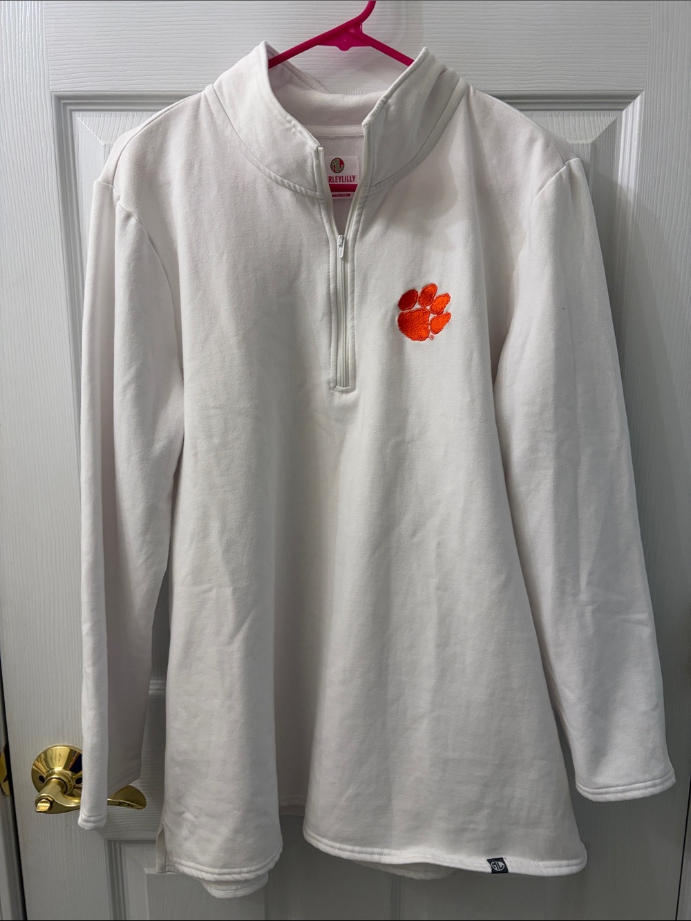 MarleyLilly XL White Clemson Quarter-Zip Pullover with Embroidered Clemson Paw